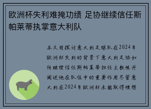欧洲杯失利难掩功绩 足协继续信任斯帕莱蒂执掌意大利队